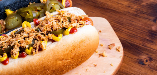 American traditional fast food Hotdog with fresh organic bread bun white wheat and black charcoal sausage ketchup mustard for meal with roasted onion pickle and French fries wedges and coleslaw