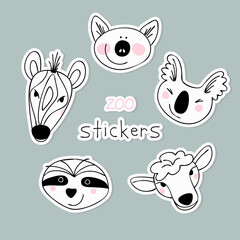 Simple animal portraits stickers - sloth, koala, pig, sheep, zebra. Simple drawings for the design of children's products. Flat Vector illustration.