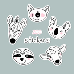 Obraz premium Simple animal portraits stickers - sloth, koala, pig, sheep, zebra. Simple drawings for the design of children's products. Flat Vector illustration.
