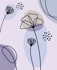 Botanical flower lines on abstract background in boho style. Modern shapes with floral element.