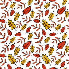 Seamless repeating pattern. Autumn leaves are red, orange and yellow, oak, ash and elm. Freehand sketch with dark outline.