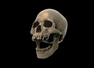 Human skull with an open lower jaw on a Black isolated background. The concept of death, immortality, eternal life, horror. Acult symbol. Spooky Halloween symbol. 3D render