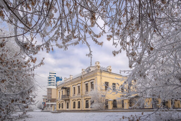 Irkutsk, a beautiful stone building on the Angara embankment
