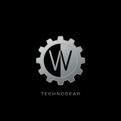W Letter Logo Techno Gear. Silver vector design concept gear shape with letter logo for technology, business