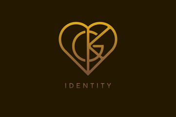 Abstract initials G and K logo, gold colour line style heart and letter combination, usable for brand, card and invitation, logo design template element,vector illustration