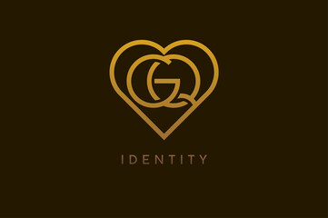 Abstract initials G and Q logo, gold colour line style heart and letter combination, usable for brand, card and invitation, logo design template element,vector illustration