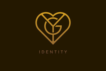 Abstract initials G and Y logo, gold colour line style heart and letter combination, usable for brand, card and invitation, logo design template element,vector illustration