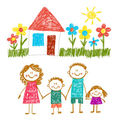 Obraz na płótnie Canvas Happy family with house. Kids drawing. Kindergarten children illustration. Mother, father, sister, brother. Parents, childhood.
