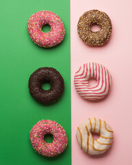 Bright colored donuts. Donuts, chocolate, fruit, with filling