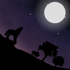 silhouette of tiger trees and hill on midnight on moon light.