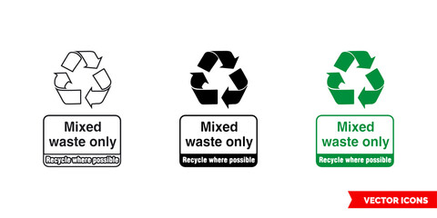 Mixed waste only recycle where possible sign icon of 3 types color, black and white, outline. Isolated vector sign symbol.