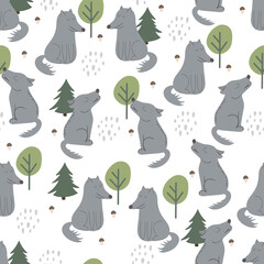 Seamless pattern with wolf howling at the moon in the forest. Decorative wallpaper for the nursery in the Scandinavian style. Vector. Suitable for children's clothing, interior design, packaging