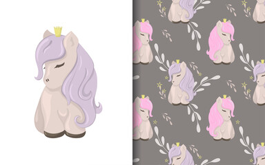Set of vector seamless backgrounds and illustrations with ponies. Vector baby illustrations in cartoon hand drawn style for printing on clothes, interior design, packaging, printing.