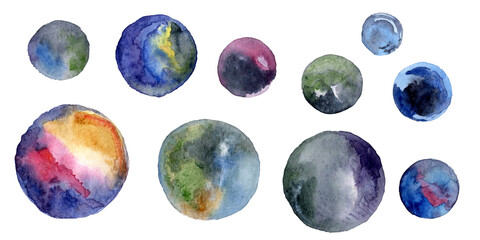 Set of watercolor stains, planets. For decoration of postcards, print, design works, souvenirs and other.