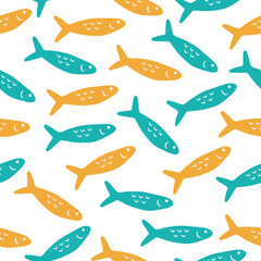 Seamless pattern with hand drawn cute colorful fish on a white background. Doodle, simple illustration. It can be used for decoration of textile, paper and other surfaces.