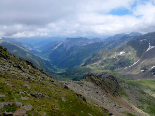 Fototapeta premium Bremer hut at Stubai high-altitude hiking trail, lap 7 in Tyrol, Austria