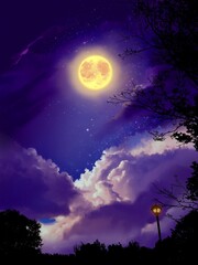 Background of beautiful yellow full moon and clouds in starry space