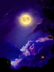 Fototapeta na wymiar Background of beautiful yellow full moon and clouds in starry space
