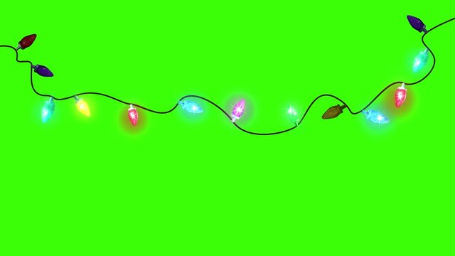 realistic christmas string lights on a green screen background animation footage, colorful lamps,light show for new year design