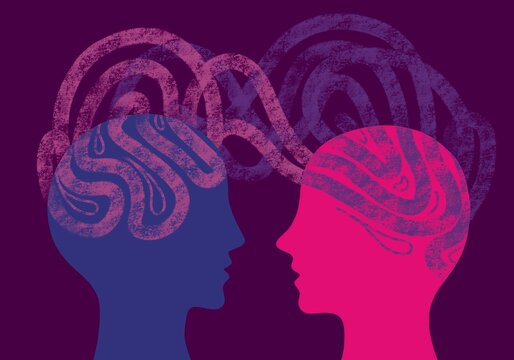 Illustrazione dialogo, comunicazione. Due persone parlano. Sulla stessa lunghezza d&rsquo;onda 