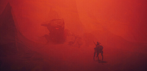 Digital painting of windy red desert surface of mars. Rider on creature with weapon in his hand goes to an abandoned robot covered with sand. Ruins of an ancient civilization of mecha. Dead wasteland