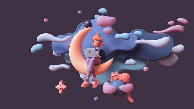 Red-haired happy writer girl in glasses, pink pants works on a laptop and sits on the moon late at night in space with floating blue purple clouds, stars, a cat, an owl. 3d render in minimal art style