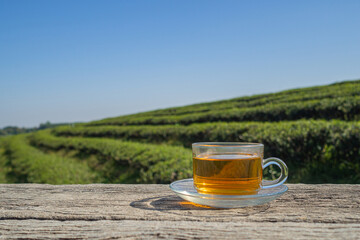 A cup of hot tea on the wooden table with the tea plantation background. Space for text. Close-up photo
