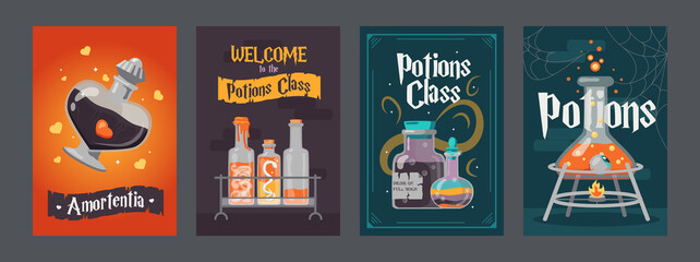 Potion class posters set. Magic bottles with witchcraft drinks or poisons vector illustrations with text. Witchery and Halloween concept for flyers and brochures design