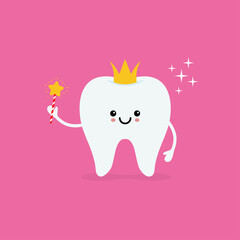 Tooth fairy wearing crown and holding a star magic wand.