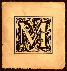 Black initial letter M with Baroque decorations pn the old paper background in vintage style. Beautiful filigree capital letter M to use for monogram, logo, emblem, card or invitation