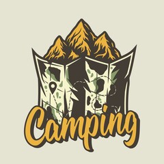 Camp map, mountain and rock for camping and outdoor travel expedition or t-shirt print