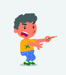 angry cartoon character of little boy on jeans with pencil points to the side