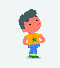 cartoon character of little boy on jeans doubting