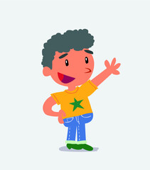 cartoon character of little boy on jeans explaining something while pointing.