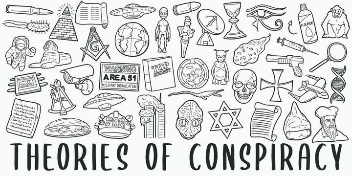 Theories of Conspiracy, doodle icon set. Style Vector illustration collection. Banner Hand drawn Line art style.