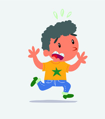cartoon character of little boy on jeans runs away in terror