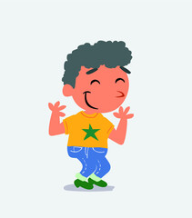cartoon character of little boy on jeans shrinks somewhat shy.