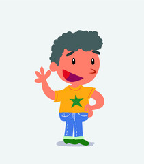 cartoon character of little boy on jeans waving happily.