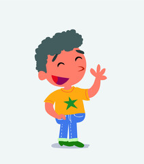 cartoon character of little boy on jeans waving informally while smiling.