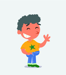  cartoon character of little boy on jeans waving informally while laughing
