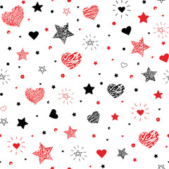seamless vector pattern of hand drawn stars and hearts. Vector illustration. for girls in black and red colors