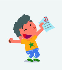 euphoric cartoon character of little boy on jeans raises his arms with exam in hand.