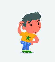 funny cartoon character of little boy on jeans doubting