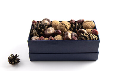 Dark blue old cardboard box with walnuts, pine cones, chestnuts and dog-rose fruit on the white background. Isolated object.
