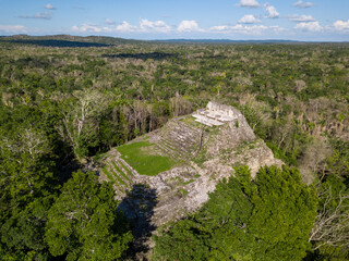 Ariel view of Ichkabal pyramid. Mayan archeological site. Hidden pyramid. Uncovered pyramid.