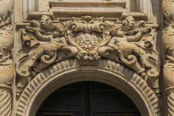 Elche Santa Maria Basilica (XVII century) at Plaza de Santa Maria is built on the foundations of old mosque. Architectural fragments of Venetian baroque facade of Santa Maria Basilica. Elche, Spain.