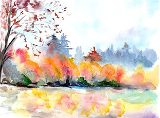 Illustration of an bright autumn illustration of misty forest on tle lake