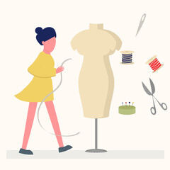 Girl seamstress, designer takes measurements from a mannequin for sewing clothes, sewing accessories, needle, manicure, thread, scissors, mannequin. Flat vector illustration
