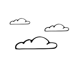 Cloud curly hand drawn doodle illustration in cartoon vector style. Black and white sketch. Vector.