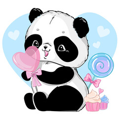 Obraz premium Panda bear with candy heart vector illustration and blue background heart